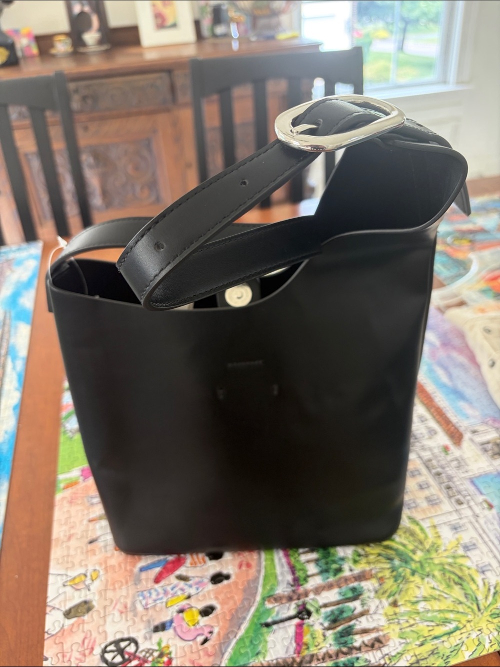 Black Asymmetrical Shoulder Tote Bag with Silver Buckle